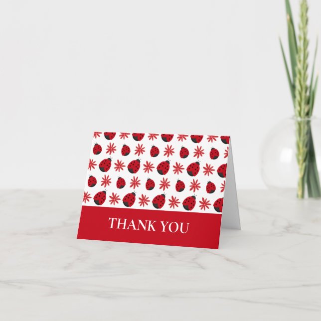 Red Daisy Ladybug Pattern Letterpress Thank You Card (Front)