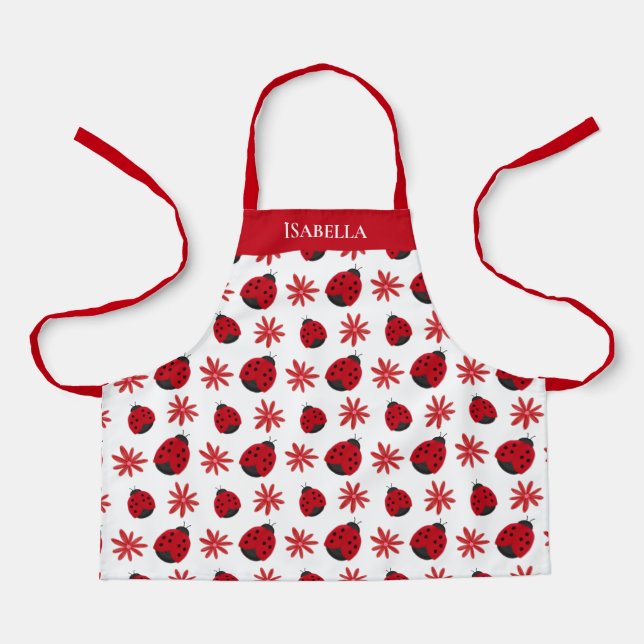 Red Daisy Ladybug Pattern Personalized Apron (Front)