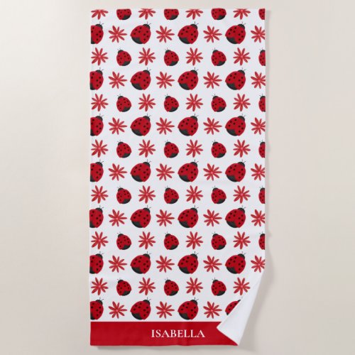 Red Daisy Ladybug Pattern Personalized Beach Towel