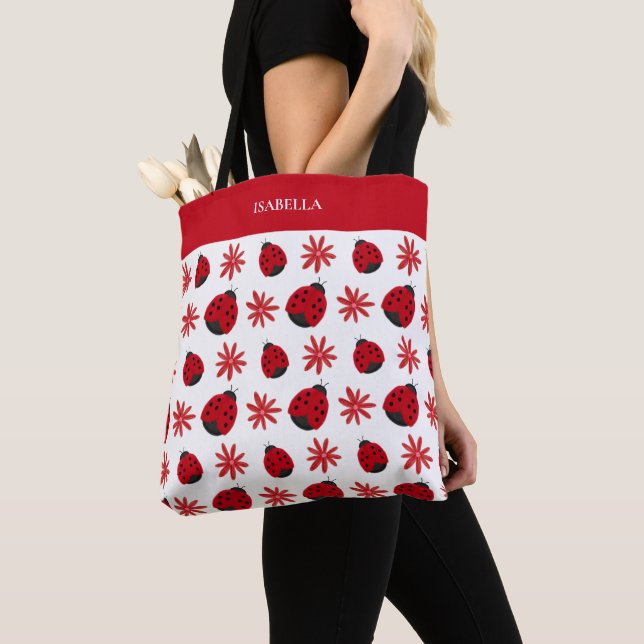 Red Daisy Ladybug Pattern Personalized Tote Bag (Close Up)
