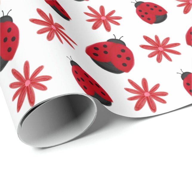 Red Daisy Ladybug Pattern Wrapping Paper (Roll Corner)