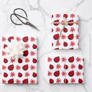 Red Daisy Ladybug Pattern Wrapping Paper Sheets