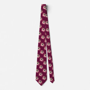 Red Daisy on Wine Leather Print Neck Tie