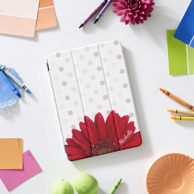 Red Daisy Polka Dot with Name iPad Pro Cover (Desk)