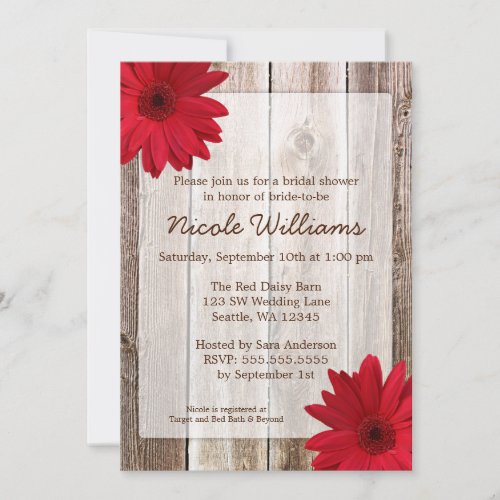 Red Daisy Rustic Barn Wood Bridal Shower Custom Announcements