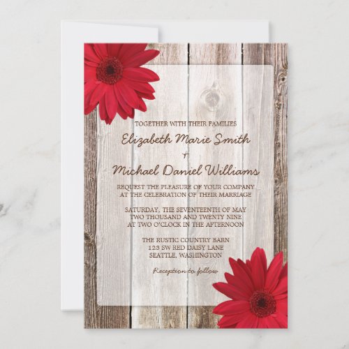Red Daisy Rustic Barn Wood Wedding Announcements