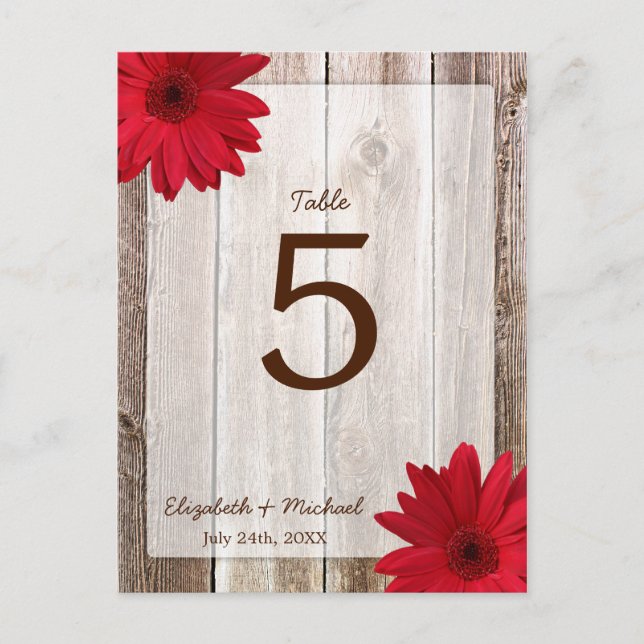 Red Daisy Rustic Barn Wood Wedding Table Number (Front)