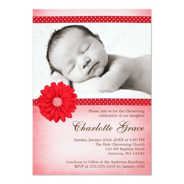 Red Daisy Sparkle Photo Baptism Christening Card