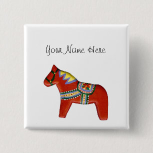 Red Dala Horse Name Tag Pinback Button