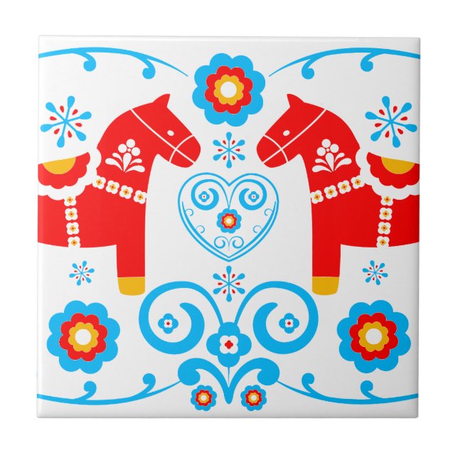 Red Dala Horses Ceramic Tile (Front)