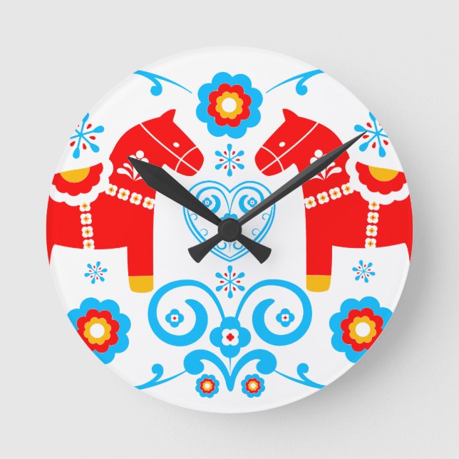 Red Dala Horses Round Clock (Front)