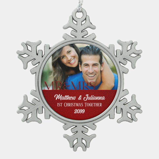 Red Damask 1st Christmas Together Photo Snowflake Pewter Christmas Ornament (Front)