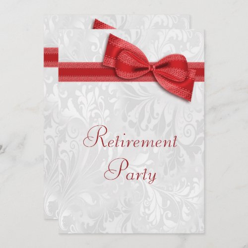 Red Damask and Faux Bow Retirement Invitation