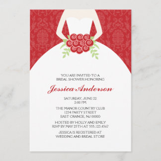 Red Damask and Floral Bridal Shower Invitation