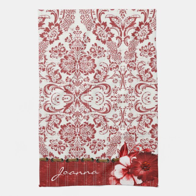 Red Damask And Flowers Kitchen Towel (Vertical)