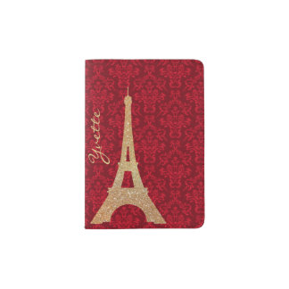 Red Damask and Gold Eiffel Tower Passport Holder