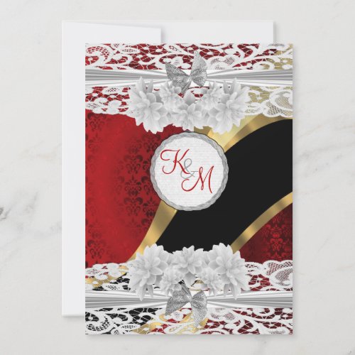 Red damask and white lace monogram wedding invitation