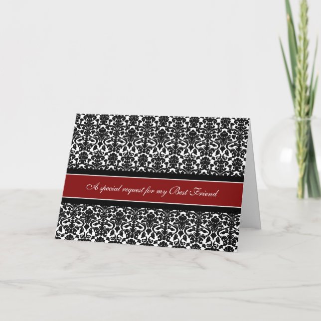 Red Damask Best Friend Bridesmaid Invitation Card (Front)