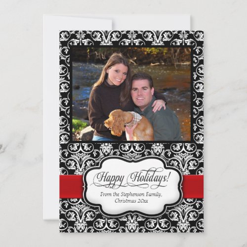 Red Damask Black and White Holiday Greeting Card