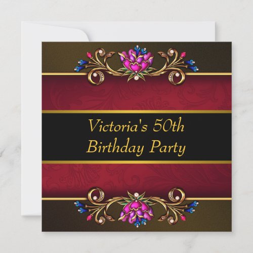 Red Damask Black Gold Womans 50th Birthday Party Invitation