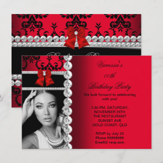 Red Damask Black Jewel Bow Birthday Photo Invitation