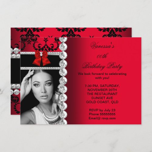 Red Damask Black Jewel Bow Birthday Photo Invitation