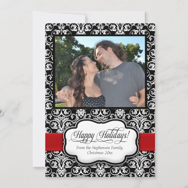 Red Damask Black White Holiday Greeting Card (Front)