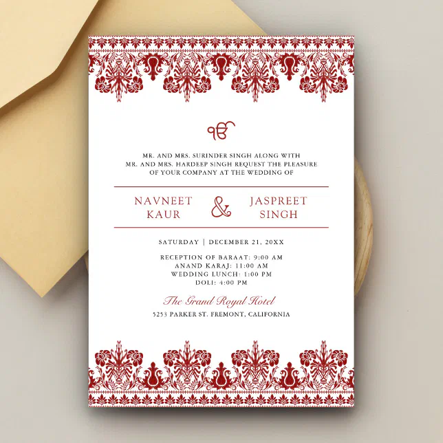 Red Damask Border Anand Karaj Sikh Wedding Invitation | Zazzle