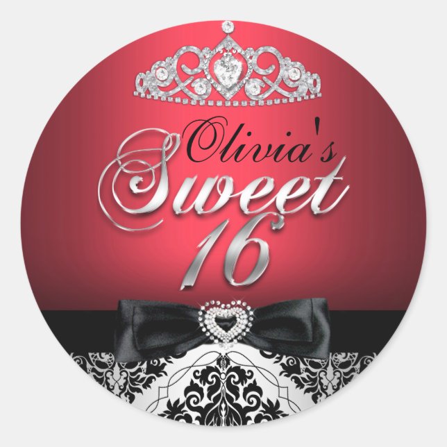 Red Damask & Bow Sweet Sixteen Sticker (Front)