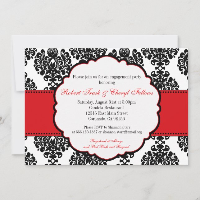Red Damask Bridal Shower Engagement Invitation (Front)