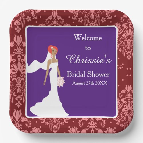 Red Damask Bride Bridal Shower Paper Plates