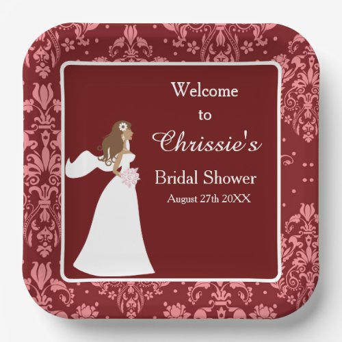 Red Damask Bride Bridal Shower Paper Plates