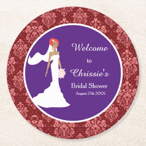 Red Damask Bride Bridal Shower Round Paper Coaster