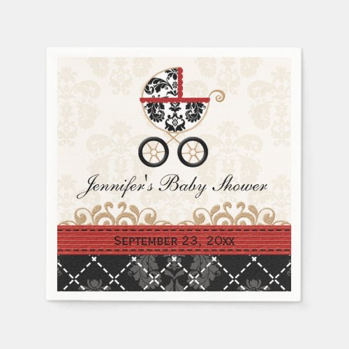 Red Damask Carriage Baby Shower Napkins