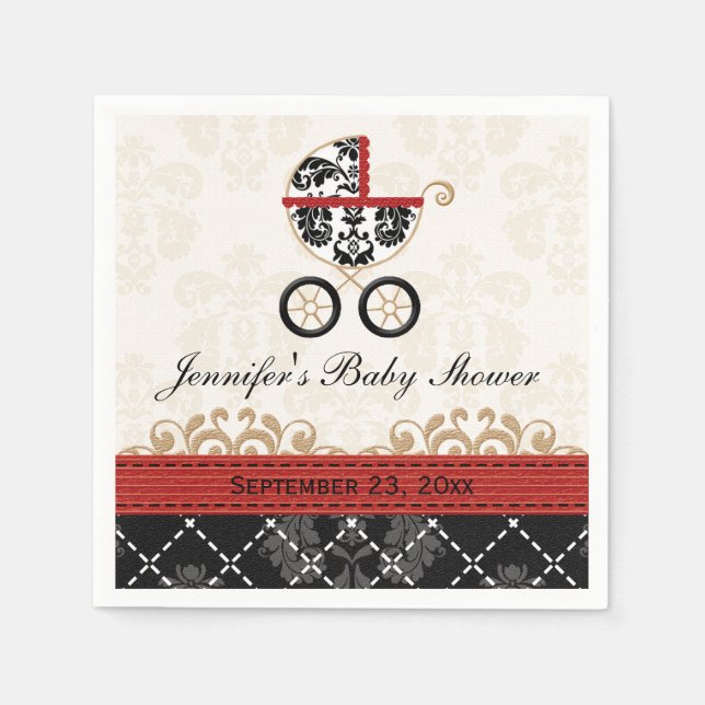Red Damask Carriage Baby Shower Napkins (Front)