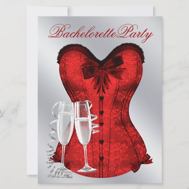 Red Damask Corset Champagne Red Bachelorette Party Invitation (Front)