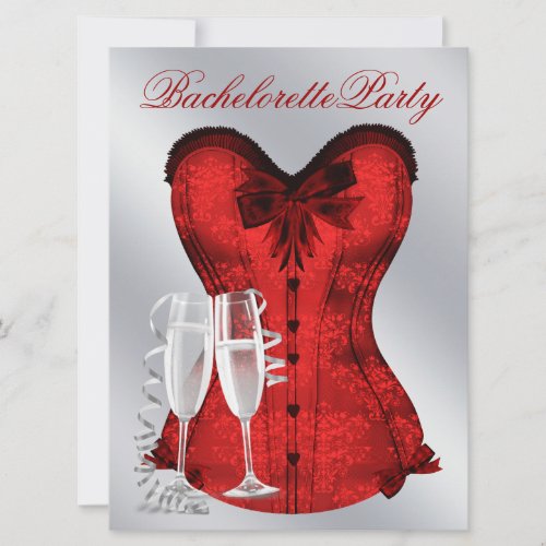 Red Damask Corset Champagne Red Bachelorette Party Invitation