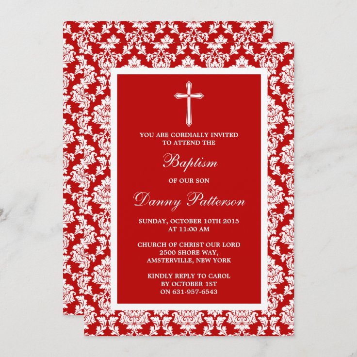 Red Damask Cross Baptism Or Christening Invitation Zazzle