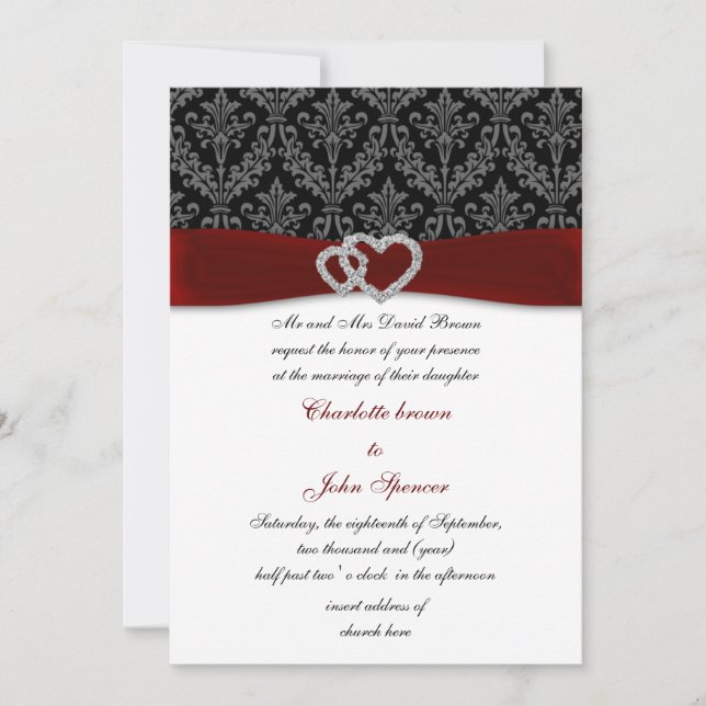 red damask diamante wedding invitation (Front)