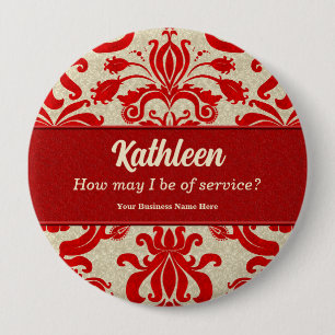 Red Damask Employee Name for Business Button