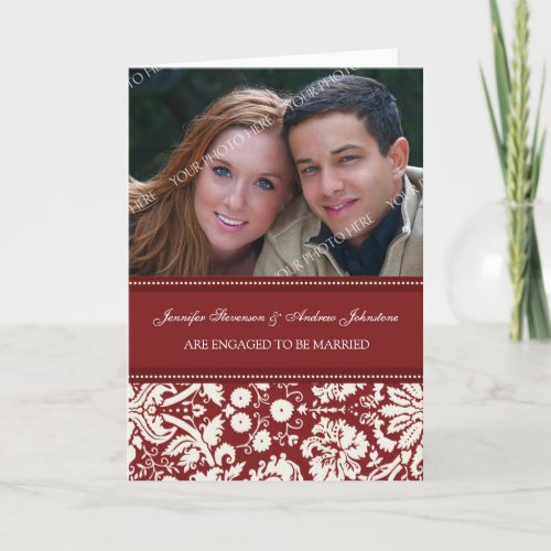 Red Damask Engagement Photo Announcement Card