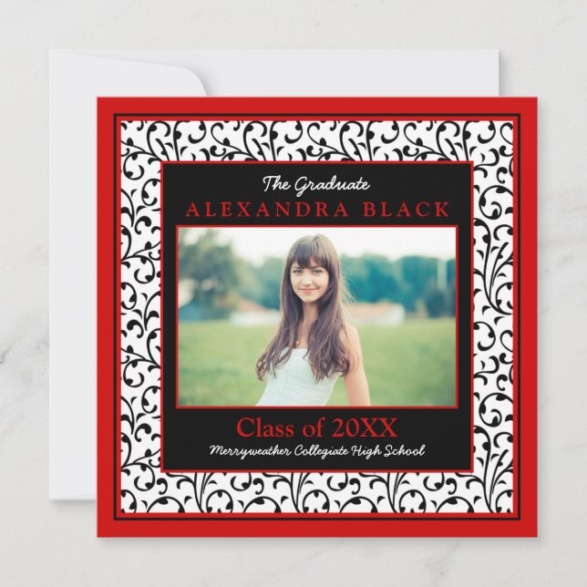 Red Damask Floral Photo Graduation Invitation (Front)