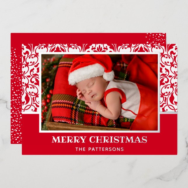 Red Damask Foil Holiday Card (Front/Back)