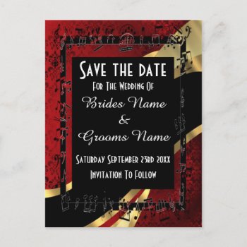 Red Damask Gold And Black Save The Date Announcement Postcard by personalized_wedding at Zazzle