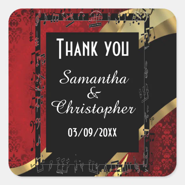 Red damask gold and black thank you square sticker | Zazzle