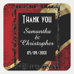 Red damask gold and black thank you square sticker