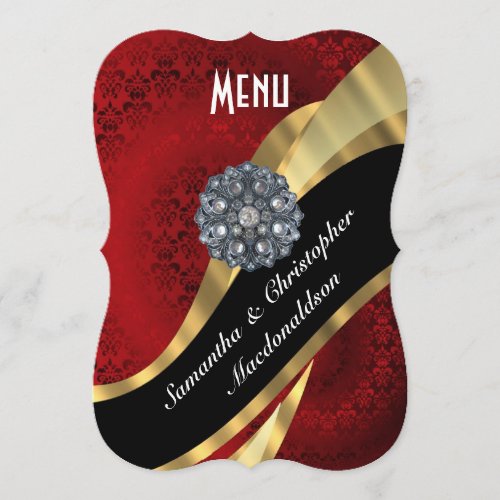 Red damask gold elegant formal wedding menu