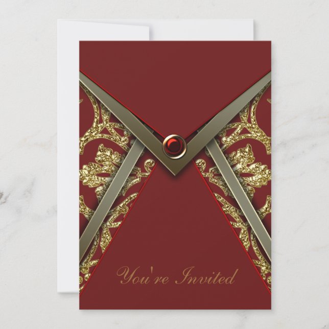 Red Damask Gold Party Invitation Template (Front)