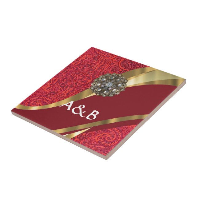 Red damask & gold swirl ceramic tile (Side)