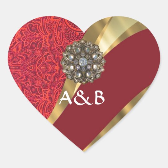 Red damask & gold swirl heart sticker